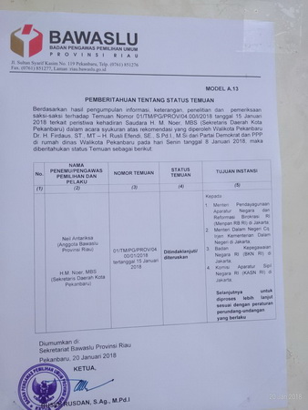 Hasil Pleno Bawaslu, Sekko Pekanbaru Terbukti Langgar Kode Etik ASN